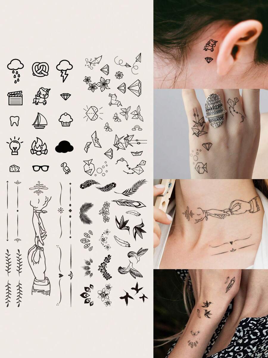 STARTTOOS 4入黑色摺紙羽毛飛鳥花卉小圖案指, 手腕, 耳朵,身體臨時紋身貼紙