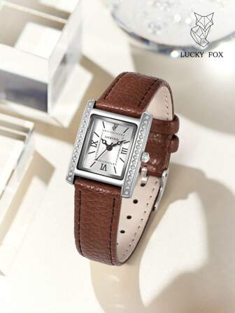 Luckyfox Dry Battery Packaged Ladies' Luxury Retro & High-End Feel Quartz Watch With Rhinestone-Inlaid Roman Numeral Dial And Leather Strap, Suitable For Daily Life As A Gift For Students Returning To School