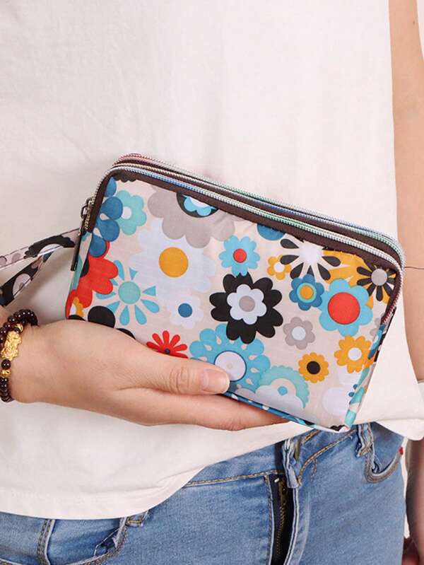 1 pièce Portefeuille/porte-cartes à trois fermetures éclair à trois couches dans un style rétro à motif floral avec une dragonne. Pochette pratique et portable avec fermeture éclair. Cadeau parfait Sac pochette pour téléphone portable pour femmes Portefeuille Porte-monnaie Portefeuille long Portefeuille-bracelet