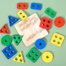 Montessori Geometric Shape Matching Wooden Cylinder Blocks Early Learning Educational Puzzle Toys For Children - Blue - View 5