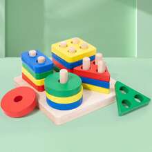Montessori Geometric Shape Matching Wooden Cylinder Blocks Early Learning Educational Puzzle Toys For Children - Blue - View 3