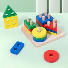 Montessori Geometric Shape Matching Wooden Cylinder Blocks Early Learning Educational Puzzle Toys For Children - Blue - View 2