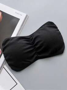 1pc Women's Twist Front Bandeau Bra With Ribbed Detailing, Strapless, Backless And Anti-Slip Design, Lingerie - Black - View 1