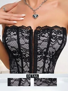 1pc Fashionable Women's Lace Front Closure Corset Push Up Bra With Underwire - Black - View 1