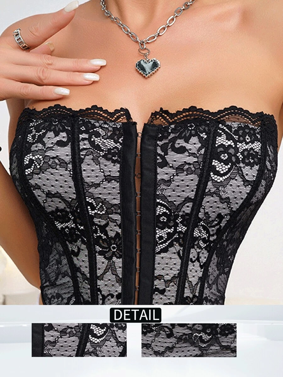 1pc Fashionable Women's Lace Front Closure Corset Push Up Bra With Underwire - Black - View 1