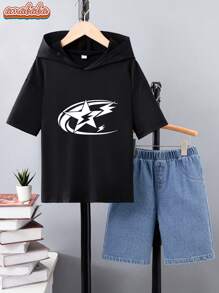 Tween Boy Cartoon Lightning & Star Pattern Sport Short Sleeve Hoodie And Denim Shorts - Black - View 1