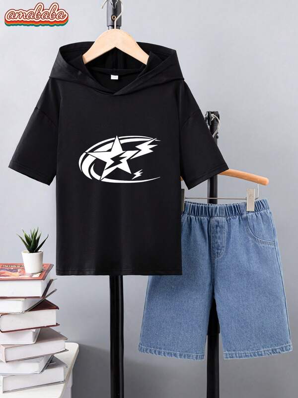 Tween Boy Cartoon Lightning & Star Pattern Sport Short Sleeve Hoodie And Denim Shorts