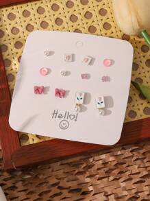 6 对/女士时尚玫瑰花蝴蝶结和心形耳钉 - 藍色 - 查看 6