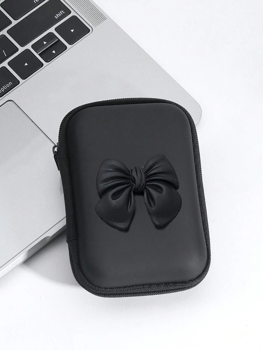 Eva 耳机数据线充电器蝴蝶结收纳袋，耳机保护便携包，带防震海绵和拉链线收纳器 - 黑色 - 查看 1