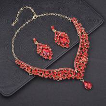 New Spring 2024 2pcs/Set Women's Necklace & Earrings Set, European & American Style, Elegant & Glamorous, Rhinestone Inlaid, Bridal Wedding Jewelry, Clavicle Chain & Earrings
