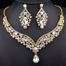 New Spring 2024 2pcs/Set Women's Necklace & Earrings Set, European & American Style, Elegant & Glamorous, Rhinestone Inlaid, Bridal Wedding Jewelry, Clavicle Chain & Earrings