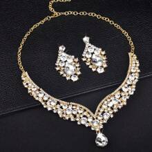 New Spring 2024 2pcs/Set Women's Necklace & Earrings Set, European & American Style, Elegant & Glamorous, Rhinestone Inlaid, Bridal Wedding Jewelry, Clavicle Chain & Earrings
