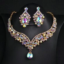 New Spring 2024 2pcs/Set Women's Necklace & Earrings Set, European & American Style, Elegant & Glamorous, Rhinestone Inlaid, Bridal Wedding Jewelry, Clavicle Chain & Earrings