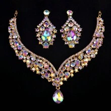 New Spring 2024 2pcs/Set Women's Necklace & Earrings Set, European & American Style, Elegant & Glamorous, Rhinestone Inlaid, Bridal Wedding Jewelry, Clavicle Chain & Earrings