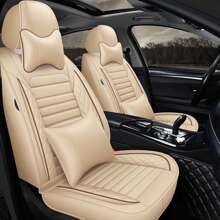 5 Seats Car Seat Covers Full Set PU Leather Front Rear Back Padded Cover Universal Auto Seat Protectors With Or Without Head Pillow For Most Cars Sedan Truck SUV - 米色/咖啡色系 - 查看 1
