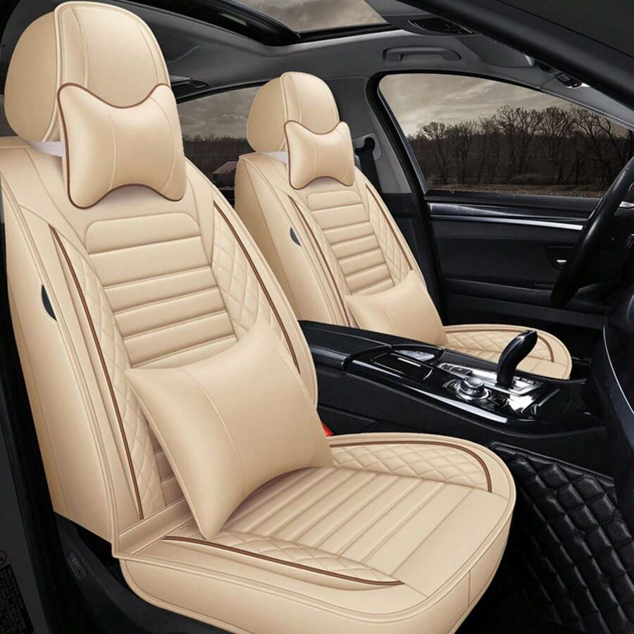 5 Seats Car Seat Covers Full Set PU Leather Front Rear Back Padded Cover Universal Auto Seat Protectors With Or Without Head Pillow For Most Cars Sedan Truck SUV - 米色/咖啡色系 - 查看 1