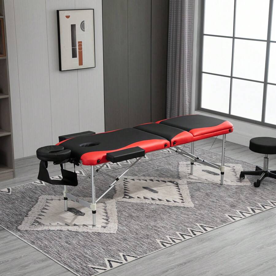 HOMCOM Camilla de Masaje Plegable y Portátil 215x81x61-84cm Mesa Ajustable en Altura con Reposacabezas y Apoyabrazos para Tatuaje Fisioterapia Negro y Rojo - Multicolor - Ver 1