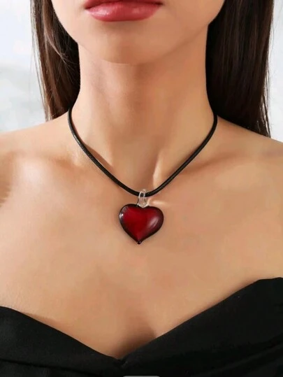 SHEIN ICON 1pc Stylish Elegant Heart Shaped Glass Wax Cord Necklace Suitable For Women To Wear On Festival Occasions Valentines,Mom,Mother,Mother's Day,Gift