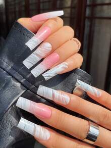 24 Piezas/set De Uñas Blancas Lechosas De Estilo Francés De Alto Nivel Con Ondas De Diamantes De Imitación + 1 pieza Gel De Jueya + 1 pieza Lima De Uñas - Multicolor - Ver 2