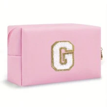 Bolsa de maquillaje con parche de letra inicial, bolsa de cosméticos de chenilla con cremallera y estilo universitario, bolsa de aseo de viaje impermeable con monograma para mujeres y niñas (letras de A a Z) - Esenciales para la vuelta al cole, viajes, vacaciones, suministros escolares, neceser para maquillaje, bolsa organizadora - Rosa - Ver 26