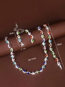 Conjunto de joyas de 4 piezas con diamantes de imitación para mujeres, que incluye collar, aretes y pulsera para bodas y fiestas - Plateado - Ver 16