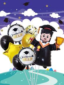 8入組畢業派對裝飾品,博士帽形狀鋁箔氣球和橡膠氣球套裝 - 金色 - 查看 1