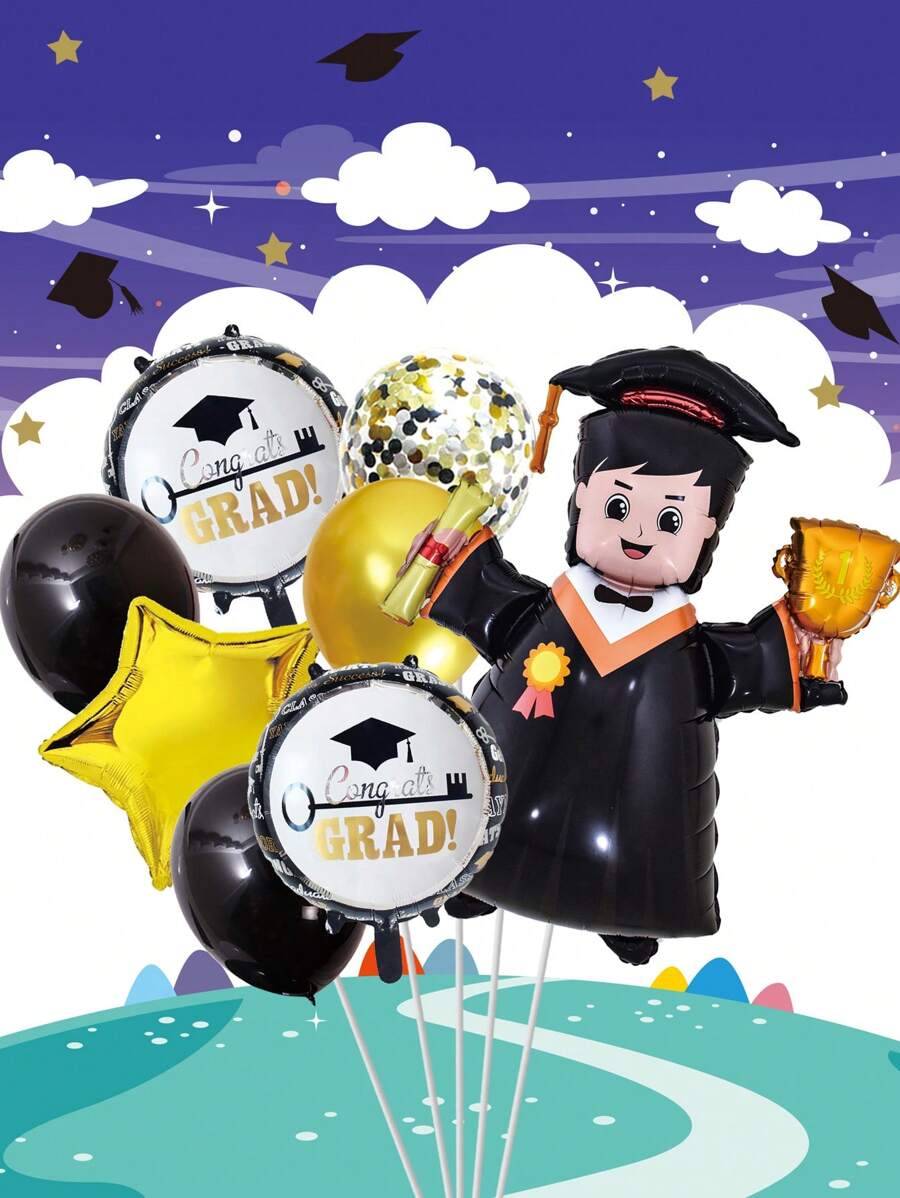 8入組畢業派對裝飾品,博士帽形狀鋁箔氣球和橡膠氣球套裝 - 金色 - 查看 1