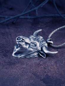 銀色男女牛頸鏈,男士禮物珠寶金牛座垂飾,925純銀生日、新年禮物,星座頸鏈 - 公牛頭像 - 查看 2