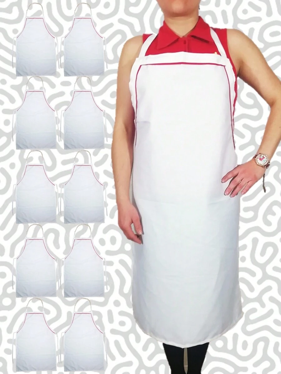 10 Bagless Long Apron Aprons Polyester Butcher Type Grease And Stain Resistant - Ideal For Sublimated Printing Screen Printing - 白色帶紅色偏差 - 查看 1