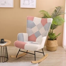 Rocking Chair, Mid Century Fabric Rocker Chair With Wood Legs And Patchwork Linen For Livingroom Bedroom - 粉色 - 查看 7