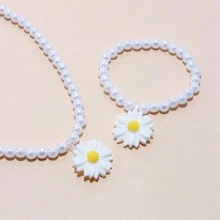 2pcs/Set Adorable Flower Design Pendant Necklace And Beaded Bracelet For Girls, Suitable For Festivals, Parties, And Birthday Gifts