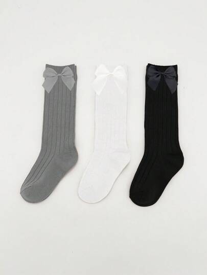 3pairs Children's Back-To-School Solid Color Knee High Socks With Bow
