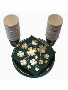 40件深綠色紙質餐具套裝,奢華四葉草金箔設計,加厚加硬,還可承受100°c熱水不變形,健康杯紙製造,適用於公司聚會、家庭派對、露營、野餐等戶外活動,飲用咖啡、啤酒等飲料。 - 金箔四葉草深綠色餐具組40pcs - 查看 4