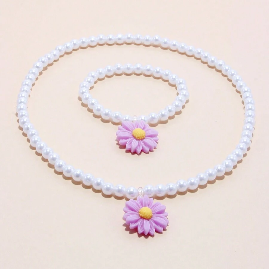 2入組女孩可愛花朵吊墜項鍊和珠子魅力手鍊,適用於節日、派對、生日禮物和其他場合 - 紫色 - 查看 1