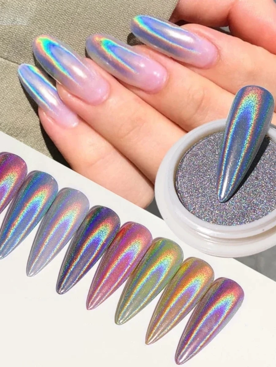 Efecto unicornio en polvo para decoracion para uñas 1pz - Plateado - Ver 1