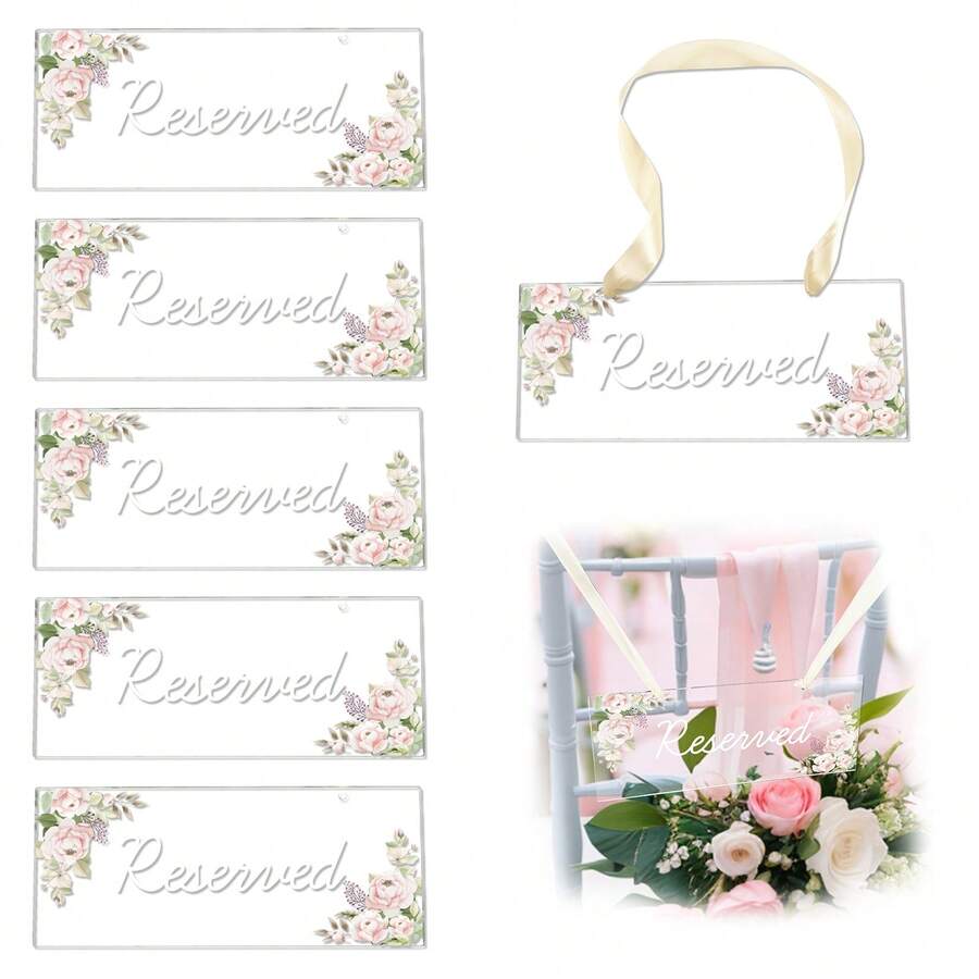 6 Packs Reserved Signs For Wedding Chairs, Acrylic Reserved Seating Signs Hanging With Ribbon Greenery Reserved Table Signs For Wedding Important Events Pews Restaurant Celebrations - White - View 1
