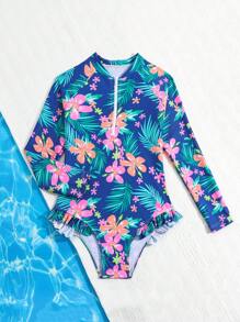 Traje de baño de una pieza con lindo estampado de plantas tropicales para niña joven - Multicolor - Ver 3