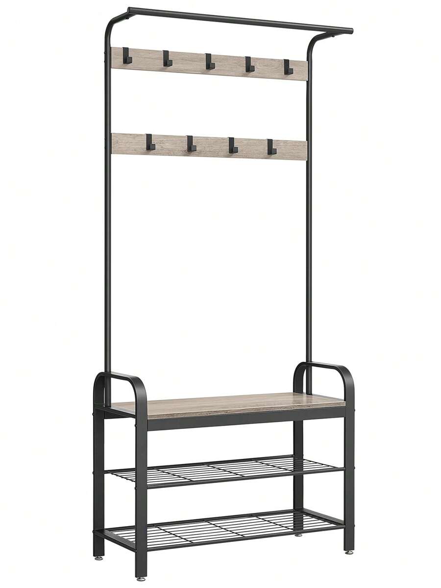 VASAGLE Porte-manteau, Vestiaire, Meuble d'Entrée, avec Crochets Amovible, Banc et Étagère à Chaussures, Hauteur 183 cm, Cadre en métal, Style Industriel - Gris - Voir 1