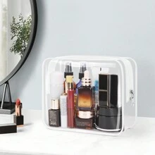 2入組透明化妝包,pvc化妝包,經tsa認證的洗漱化妝包,適用於女性和男性,具有拉鍊的機艙行李箱旅行配件沙灘包沙灘必需品沙灘毛巾盒組沙灘配件沙灘物品假日用袋假日必備品,適用於夏季度假 - 白色 - 查看 5