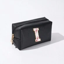 簡約風格字母刺繡化妝包防水化妝包旅行便攜收納小化妝包字母印花化妝包情人節禮物pu皮革 - 黑色 - 查看 18