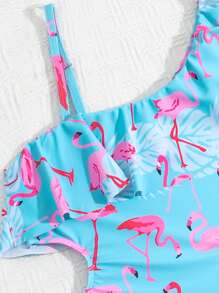 Tween Girl Cute Blue Flamingo One-Piece Swimsuit With Removable Padding And Quick-Drying Fabric - Blue - View 4