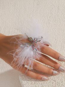 1 pieza Anillo abierto con diseño de mariposa con pluma blanca angelical y strass, estilo nupcial