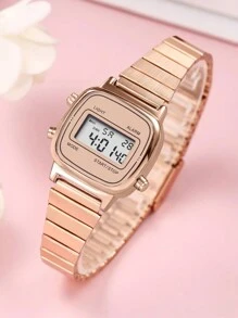 FANSICHEN 1 Pieza Reloj Electrónico Multifuncional Para Mujeres, Elegante Forma Cuadrada Con Correa De Acero Inoxidable Dorada Rosa, Función De Calendario, Ideal Para Uso Diario Y Regalo