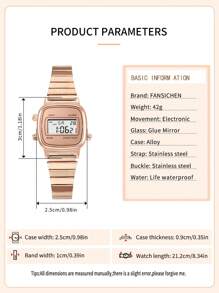 FANSICHEN 1 Pieza Reloj Electrónico Multifuncional Para Mujeres, Elegante Forma Cuadrada Con Correa De Acero Inoxidable Dorada Rosa, Función De Calendario, Ideal Para Uso Diario Y Regalo