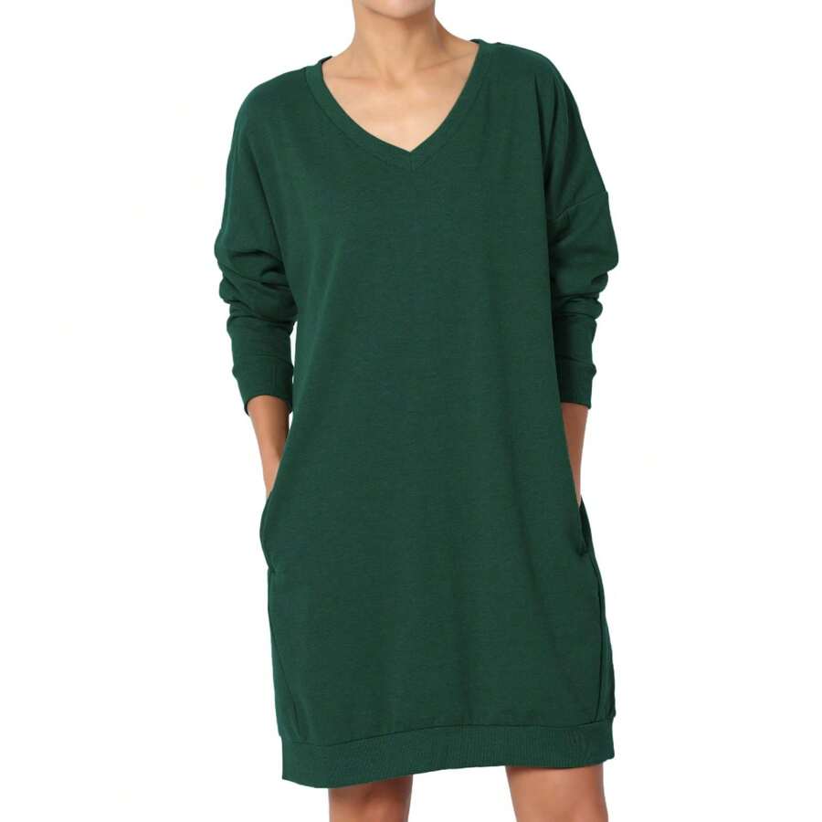 Haute Edition Women's Oversized Pullover Sweatshirt Dress - 墨綠色 - 查看 1