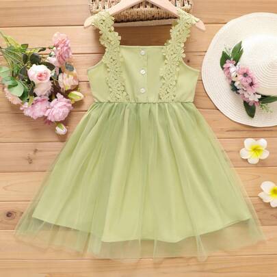 PatPat Tween Girl Floral Appliques Mesh Flare Hem Slip Dress