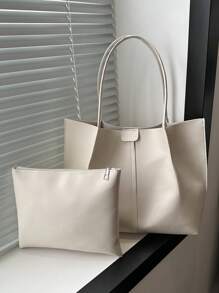 Bolso Grande Sólido De Gran Capacidad Con Un Neceser De Maquillaje Complementario - Blanco - Ver 1