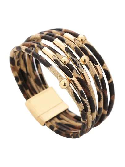 1 pieza Brazalete y pulsera de cuero sintético con estampado de leopardo de moda para mujer, regalo de Navidad