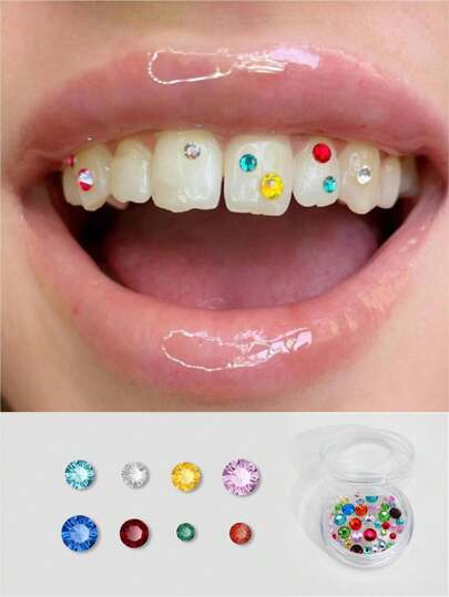 50pcs/Box Y2k Style Colorful Randomly Mixed Sizes Round Tooth Gem Teeth Jewelry, Suitable For Teeth, Face And Nail Decoration, Random Mix