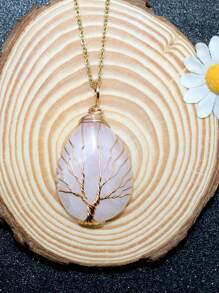 1PC Tree Of Life Crystals Necklace Pendant Water Drop Natural Stone Wire Wrap Rose Amethysts Quartz Crystal Tiger Eye Necklace Pendant